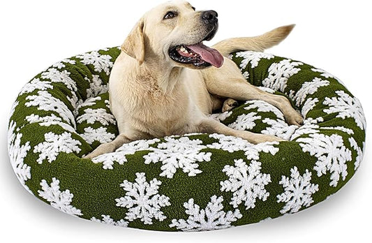 39 Inch Christmas Snowflakes Calming Dog Bed for Large Dogs, Round Anti-Anxiety Warm Bed, Soft Cozy Anti-Slip Donut Washable Pet Bed, Fits up to 100 lbs Pets