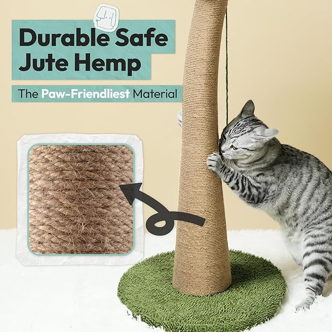 33" Tall Cat Scratching Post, Natural Jute Cat Scratcher for Indoor Cats, Coconut Tree Design with Hanging Toy Ball & Rest Platform, Stable Furniture Protector for Kittens & Adult Cats, S