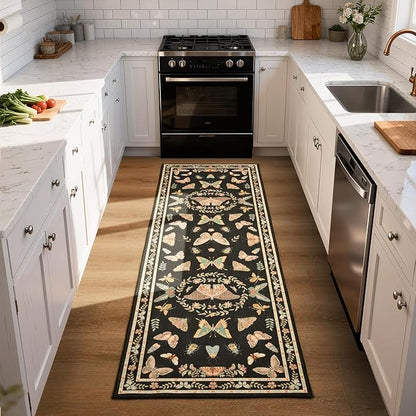 Unirea 2x6 Black Runner Rug, Washable Non Slip Insect Botanical Rug for Hallway, Kitchen, Bathroom, Laundry Room, Entryway, Bedroom, Soft Boho Door Mat Indoor Entrance Bug Rugs, Low Pile Carpet