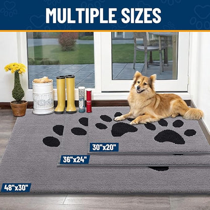Smiry Dog Door Mat for Muddy Paws, Absorbs Moisture and Dirt, Low-Profile Entryway Mat with Non-Slip Backing, Entry Indoor Outdoor Doormat for Inside Floor (48x30 Inches, Grey, Paw)