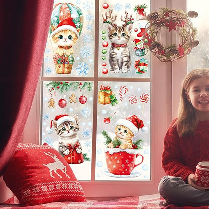 Christmas Window Clings Cat Stickers for Window Glass, 9 Sheets Xmas Decorations Cat Tree Bells Decals for Holiday Party(Cat2341)