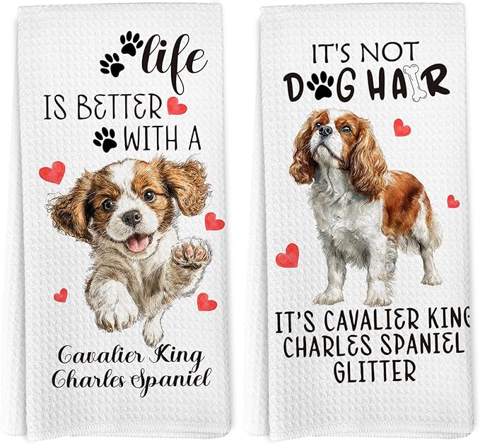 Cavalier King Charles Spaniel Gifts Kitchen Towels Set of 2, Funny Dog Hand Towels for Kitchen Bathroom Decor, Gifts for Dog Lovers Owners Moms Women Dishcloths Dish Towel 16X24 Inches