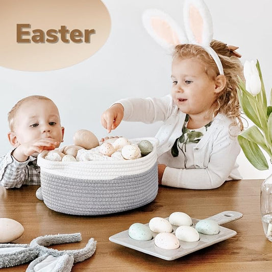 Goodpick Small Baskets for Gifts Empty, Easter Basket for Gifts Home Decor, Woven Burr Basket for Storage with Handles, Decorative Cotton Rope Baskets for Baby Shower Diaper Toy, 12" x 8" x 5"