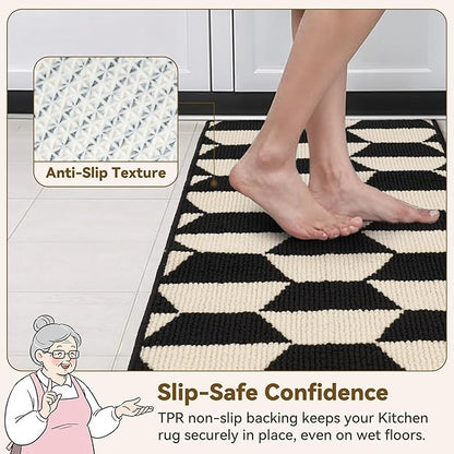 GRANNY SAYS Kitchen Rugs 2 Piece Non Skid Washable Absorbent Resist Dirt Kitchen Mats for Floor, Comfort Standing Mats Front of Sink Rugs Durable Polypropylene 47" x 20" + 32" x 20", Black