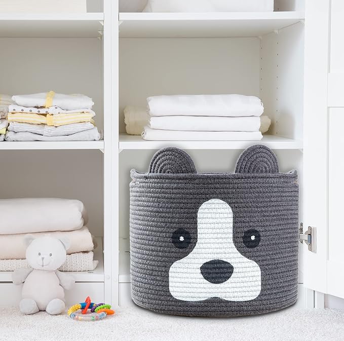 Medium Dog Woven Baskets with Handle, Dog Toy Hamper, Cotton Rope Dog Toy Storage Baskets for Pet, Animal Basket for Kids, Baby Gift Baskets for Dog Lovers, Dark Grey