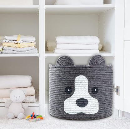 Medium Dog Woven Baskets with Handle, Dog Toy Hamper, Cotton Rope Dog Toy Storage Baskets for Pet, Animal Basket for Kids, Baby Gift Baskets for Dog Lovers, Dark Grey