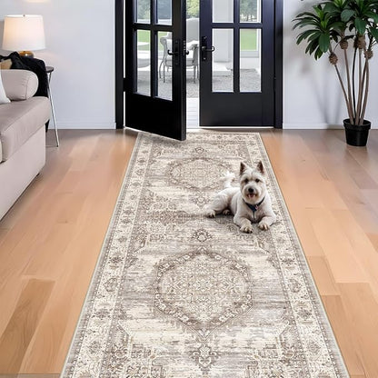 4x10 Washable Hallway Runner Rug: Oriental Living Room Entry Extra Wide Area Rug Ultra Soft Non Slip Runners for Kitchen Dining Room Stain Resistant Low Pile Floor Mat for Bathroom Bedroom(Beige,4x10)