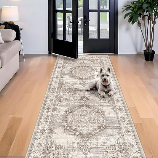 4x10 Washable Hallway Runner Rug: Oriental Living Room Entry Extra Wide Area Rug Ultra Soft Non Slip Runners for Kitchen Dining Room Stain Resistant Low Pile Floor Mat for Bathroom Bedroom(Beige,4x10)