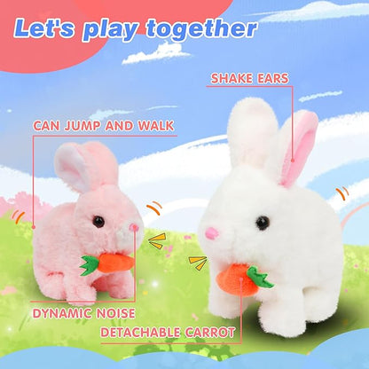 Hopearl Hopping Rabbit with Carrot Interactive Electronic Pet Plush Bunny Toy with Sounds and Movements Animated Walking Wiggle Ears Twitch Nose Gift for Toddlers Birthday, Pink, 7''