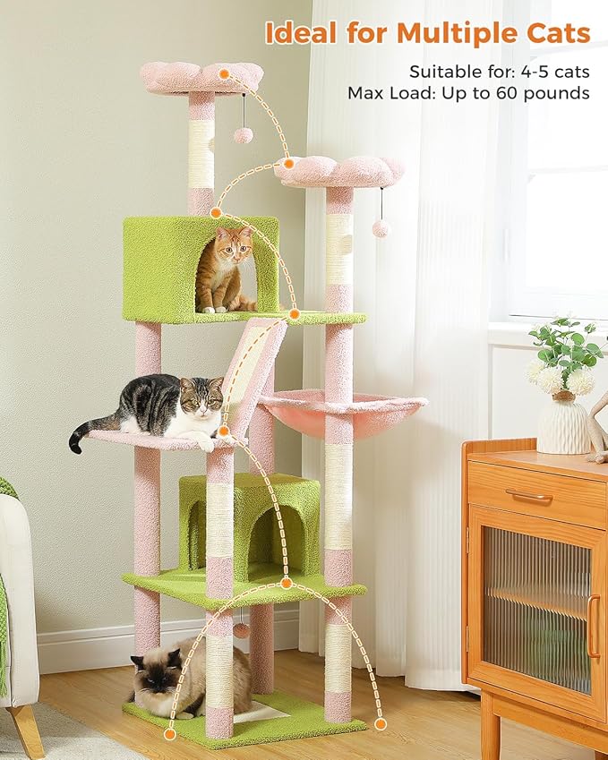 MUTTROS Flower Cat Tree, 70.9-inch Tall Cat Tower in Blossom Pink with 2 Condos & Large Hammock, Whimsical Cat Activity Center with Pom Poms for Indoor Cats