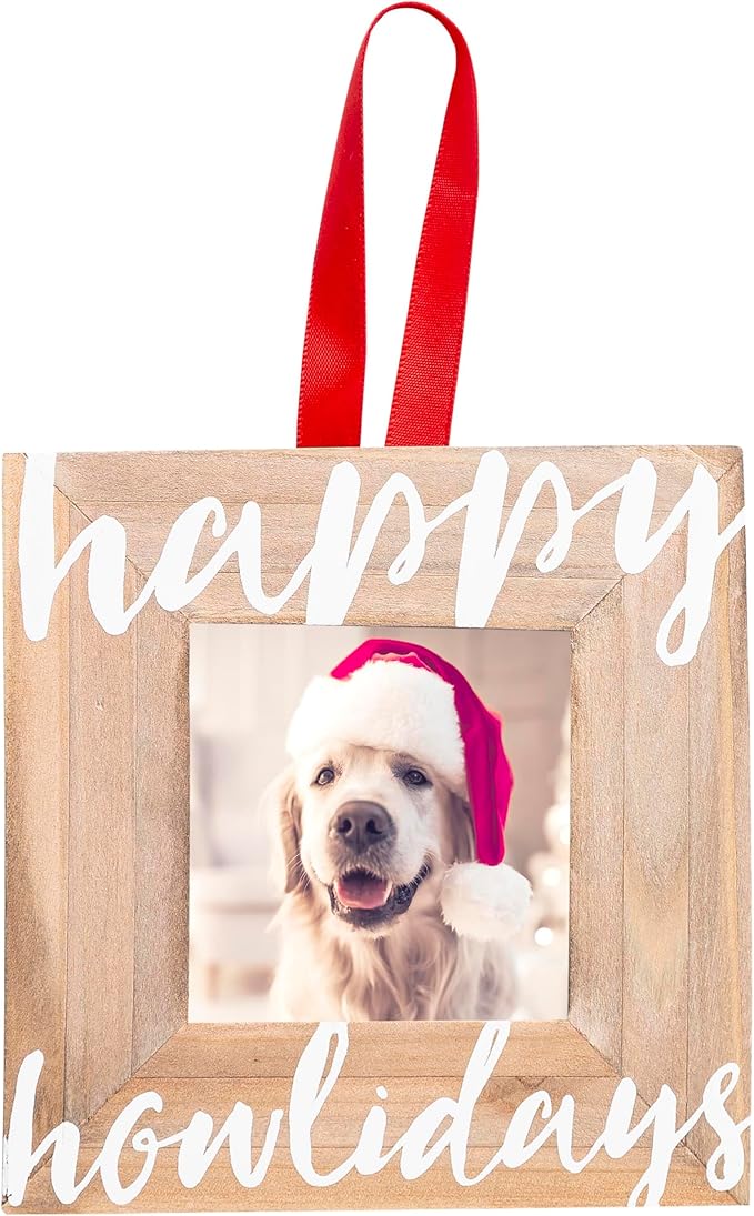 Pearhead Happy Howlidays Wooden Christmas Photo Ornament, Rustic Dog Picture Frame Christmas Tree Keepsake