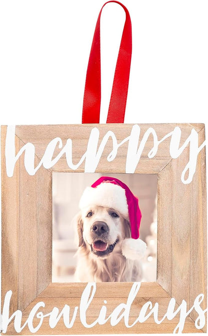 Pearhead Happy Howlidays Wooden Christmas Photo Ornament, Rustic Dog Picture Frame Christmas Tree Keepsake
