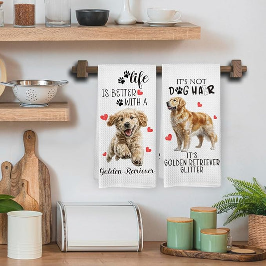 Golden Retriever Kitchen Towels Set of 2, Golden Retriever Gifts, Dog Funny Hand Towels for Kitchen Decor, Gifts for GoldenRetriever Women Dog Lovers Dishcloths Dish Towel 16X24 Inches