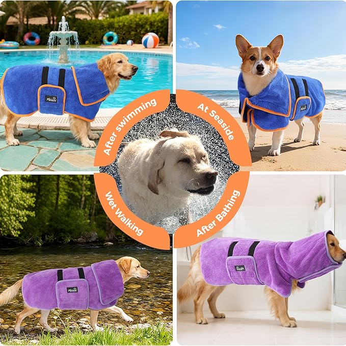 Mihachi Dog Bathrobe Towel Wrap Fast Drying with Drying Gloves Set, Super Absorbent Coral Fleece Dog Drying Coat Bath Robe for Puppy, Medium & Large Dogs, Adjustable Collar & Belly Strap, Blue XL