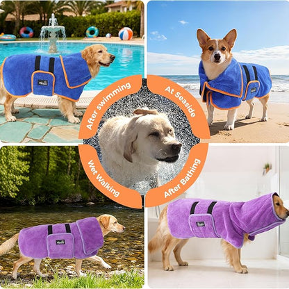 Mihachi Dog Bathrobe Towel Wrap Fast Drying with Drying Gloves Set, Super Absorbent Coral Fleece Dog Drying Coat Bath Robe for Puppy, Medium & Large Dogs, Adjustable Collar & Belly Strap, Purple 2XL