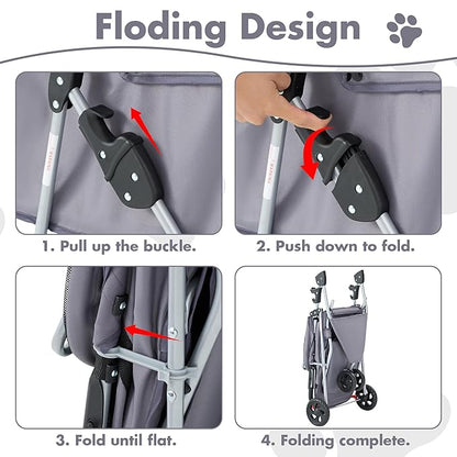 DUMOS 3 Wheels Pet Stroller for Small Dogs and Cats – Foldable Dog Stroller with Mesh Windows, Storage Basket & Cup Holder, Lightweight & Durable Pet Carrier for Travel, Outdoor Use – Grey