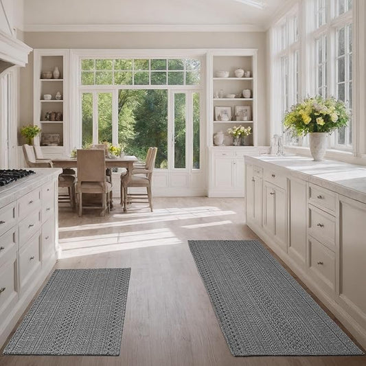 Kitchen Rugs, Kitchen Mats for Floor, Machine Washable Rugs 20"x30"+20"x48" Boho Style, Anti-Skid TPR Backing for Kitchen, Laundry, Durable, Easy Clean Spring & Everyday Use - Grey