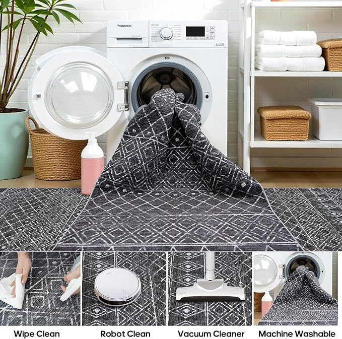 Moroccan 2'6"x12' Hallway Runner Rug: Washable Non Slip Bedroom Rugs - Soft Long Low Pile Farmhouse Neutral Carpet for Entryway Kitchen Laundry 2'6"x12' Black