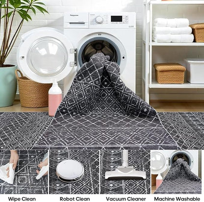 Moroccan 2'6"x12' Hallway Runner Rug: Washable Non Slip Bedroom Rugs - Soft Long Low Pile Farmhouse Neutral Carpet for Entryway Kitchen Laundry 2'6"x12' Black