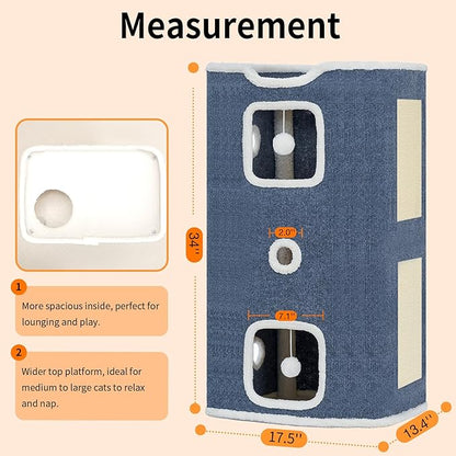 Cat House, Cat Beds for Indoor Cats, 3-Story Cat Condo Cube with Scratch Pad and Fluffy Ball Hanging, Multi-Level Cozy Hideout Center Ideal for Small/Medium Cats