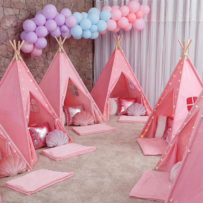 Wilwolfer 6 Pack Teepee Tent for Kids, Foldable Indoor Play Sleepover Tent with Star Lights for Girls Party, Portable Toddler Slumber Party Tents Gift, Pink