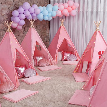 Wilwolfer 6 Pack Teepee Tent for Kids, Foldable Indoor Play Sleepover Tent with Star Lights for Girls Party, Portable Toddler Slumber Party Tents Gift, Pink