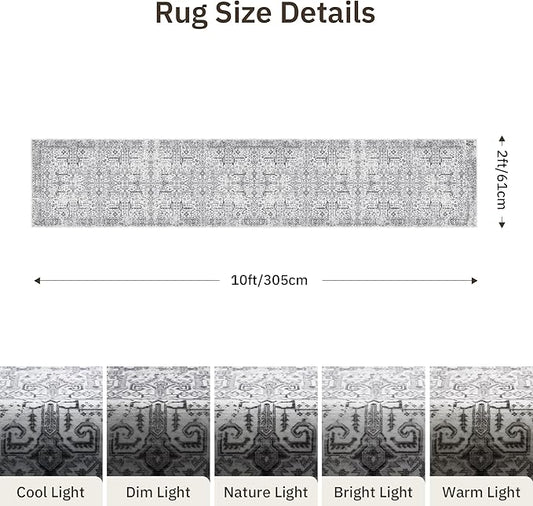 Hallway Washable Runner Rug 2x10 - Non Slip Vintage Kitchen Runner Rugs for Entryway Low-Pile Waterproof Long Runners for Living Room Bedroom Medallion Indoor Floor Mat for Bathroom Laundry Grey