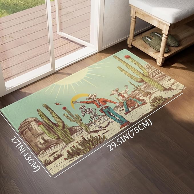 Retro Cactus Skull Indoor Door Mat,Western Gothic Floor Doormat,17x29.5in,Non Woven Non Slip Rubber Backing Plant Rustic Rug for Porch Insider,Bedroom,Kitchen,Doormats Gifts,Rv Camper Decor