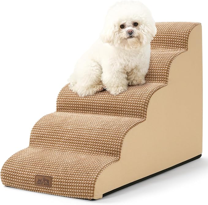Dog Stairs for High Bed 22.6" H, Small Dog Step for Puppy, Older or Cat, Curved Ramp for Car, Ladder with High Density Foam, Lightweight, Durable, 5 Step, 15.7x33x22.6 inch, Light Brown