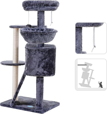 Hey-brother Cat Tree with Scratching Board, Cat Tower with Padded Plush Perch and Cozy Basket, Multi-Platform for Jump, Smoky Gray MPJ005G