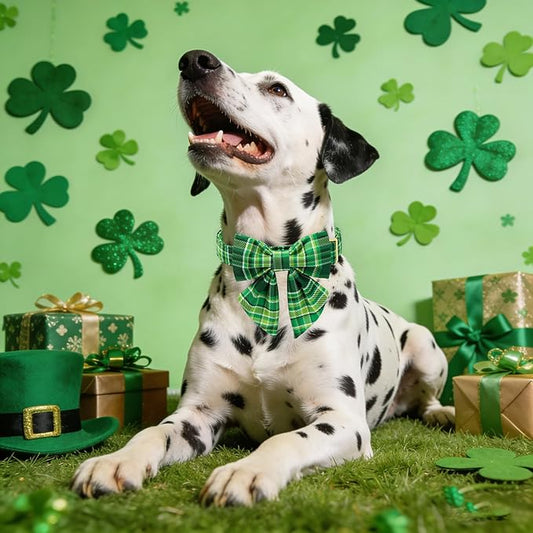 Maca Bates Irish Plaid Dog Collar with Sailor Bow Tie,Shamrock Green Gingham Pattern for Large Girl Boy Dogs,Adjustable Durable Soft Collars Gift for Male Female Puppy