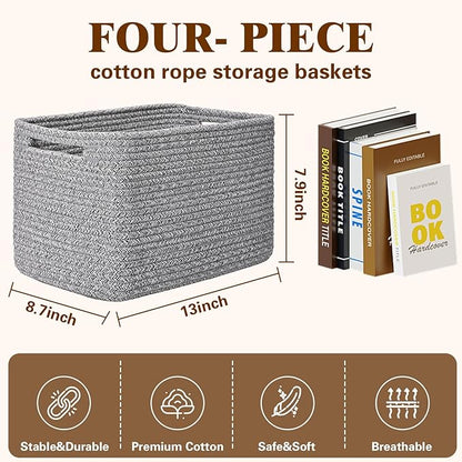 Storage Baskets for Organizing, 4 Pack Baskets for Shelves, Decorative Storage Bins for Shelves, Cotton Rope Storage Basket with Handles, Woven Basket for Storage, 13''Lx8.7''Wx7.9''H, Gray