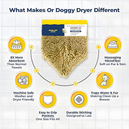 Muddy Mat Doggy Dryer, Highly Absorbent Microfiber Washable Dog Shammy Quick Drying Towel Absorber - Extra Soft Plush Wrap Chenille Bath Towels to Dry Soggy Large Pets & Small Puppy-Beige 19"x46"