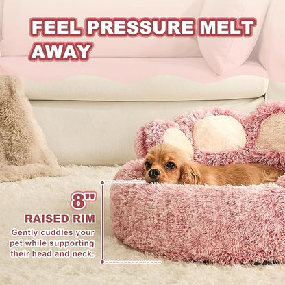 Jiupety Paw Shape Calming Pet Bed, Plush Faux Fur Donut Bed for Dogs & Cats, Machine Washable, Non-Slip Bottom, Large Size (26"×26"×8"), Pink