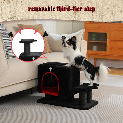 Gothic 3-in-1 Dog Stairs & Cat Scratching Post with Condo - Pet Steps for High Beds, Sofa & Couch, 3-Tier Cat Tower with Sisal Scratching Pad for Small Dogs, Cats & Kittens, Black