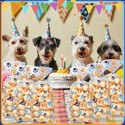 Blulu 100 Pieces Dog Treat Bags Puppy Party Favor Pet Paw Cone Cellophane Bags Candy Heat Sealable Dog Paw Gift with 100 Pieces Silver Twist Ties for Pet Cat Treat Party Favor (Blue and Orange)