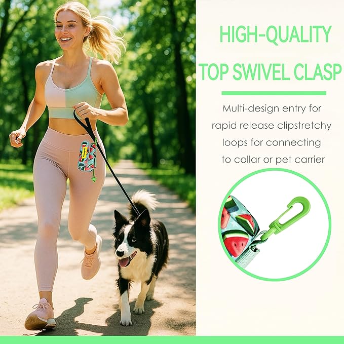 Dog Treat and Poop Bag Holder for Leash, 2 Waterproof Zipper Pouches for Pet Walking Accessories, with Dispenser, Training Clicker and 1 Free Roll (Watermelon)
