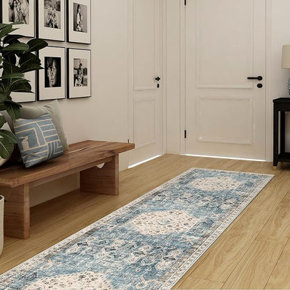 Hallway Washable Runner Rug 2'6x12 - Kitchen Runner Rugs with Non Slip Backing Stain Resistant Rugs for Living Room Bedroom Carpet Distressed Rug Floor Deocr Mat (2‘6''x12', Aqua Blue)
