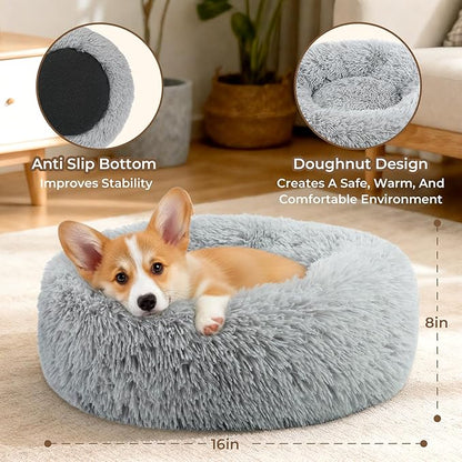 Extra Small Calming Anti-Anxiety Donuts Dog And Cat Bed, Round Fluffy Soft Washable Pet Bed For Puppy & Kitten, Cuddler Warming and Cozy Cushion, Luxury Anti-Slip Waterproof Mute Base 16in Gray