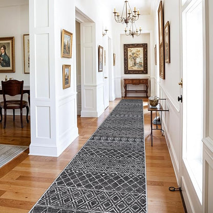 Washable Runner Rugs 3x16 - Long Hallway Runner Rug Low Pile Rug with Non Slip Backing Floor Mat Moroccan Indoor Carpet for Kitchen Bedroom Entryway 3x16 Black