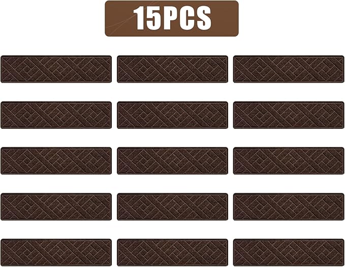 15 Pack 8 "X 30" Non-Slip Carpet Stair Treads for Indoor Wooden Steps, Made of Polyester and Reusable Adhesive, Suitable for Kids Elders and Pets（Brown Lines）