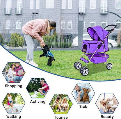 Best 4 Wheels Dog Cat Stroller, Lightweight & Foldable Pet Jogger, Carrier Strolling Cart W/Cup Holders Removable Liner - Purple
