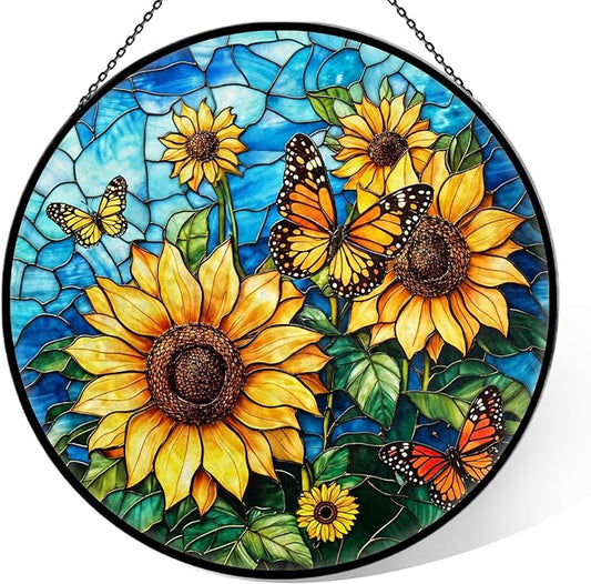 Sunflower Stained Glass Window Hanging, 7.9" Sunflower Sun Catcher Glass Panel with Chain, Sunflowers Hand Painted Round Wall Art Gifts for Women, Sunflowers Decor Christmas Housewarming Gift