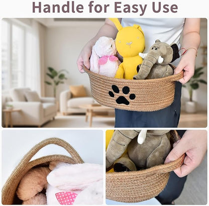 ABenkle Small Woven Basket with Handle, Cute Dog Baskets for Gifts Empty, Decorative Rope Woven Storage Dog Toy Basket, Nursery Baskets for Baby Shower, 12" x 8" x 5"