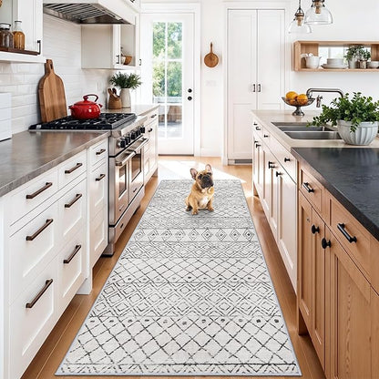 Moroccan 3x8 Runner Rug Hallway: Washable Farmhouse Runners - Non Slip Low Pile Soft Kitchen Rugs - Modern Indoor Floor Neutral Carpet for Bedroom Entryway Laundry 3x8 Geo Grey