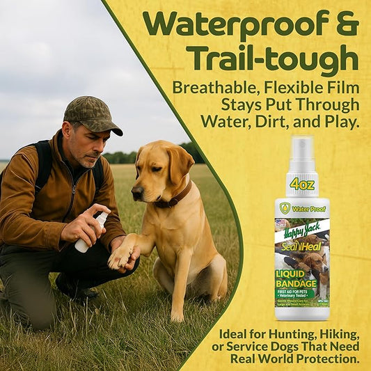 HAPPY JACK Seal 'N Heal Liquid Bandage for Dogs, Cats, Pets, Wound Care Spray (4 oz), Protects Against Minor Cuts, Burns, Waterproof Seal, Discourages Licking & Chewing, for Paws & Body, Made in USA