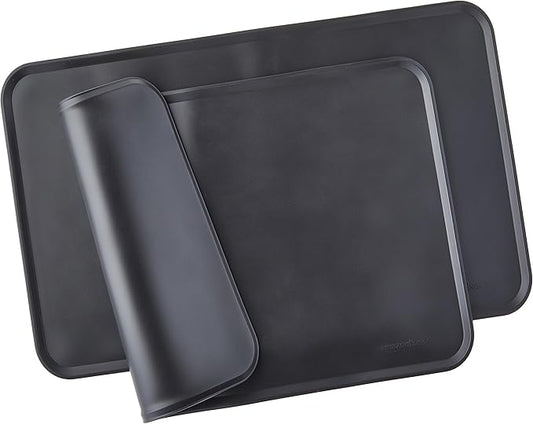 Amazon Basics Waterproof Anti-Slip Silicone Cat & Dog Food Mat, Pet Mats with Raised Edges for Food and Water Bowl to Protect Floors, 18.5 x 11.5 Inches, Black, Solid - Pack of 2