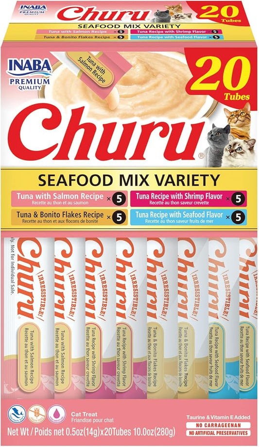 INABA Churu Cat Treats, Lickable, Squeezable Creamy Purée Cat Treat with Green Tea Extract & Taurine, 0.5 Ounces Each Tube, 20 Tubes, Seafood Variety Box