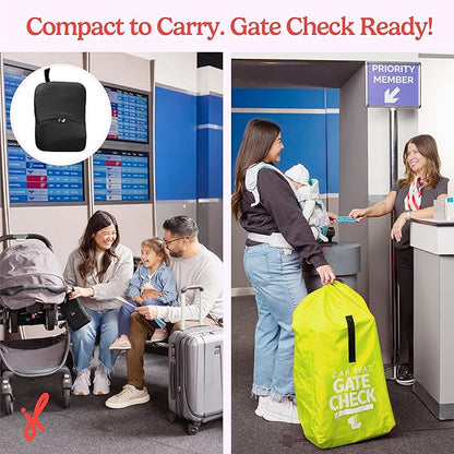 J.L. Childress Gate Check Travel Bag for Car Seats - Car Seat Travel Bag for Airplane, Includes AIRTAG Holder, Fits All Baby Car Infant Carriers & Child Booster Seats - Neon Yellow