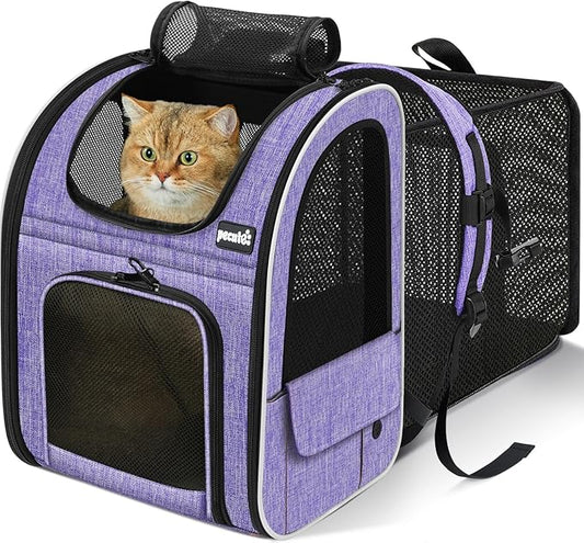 Pecute Cat Backpack Carrier Expandable, Pet Backpack for Cats & Small Dogs Up to 11lbs, with 4-Side Breathable Mesh, Multi-Entry & Lockable Zippers for Travel, Hiking, Camping - Hands Free, Purple
